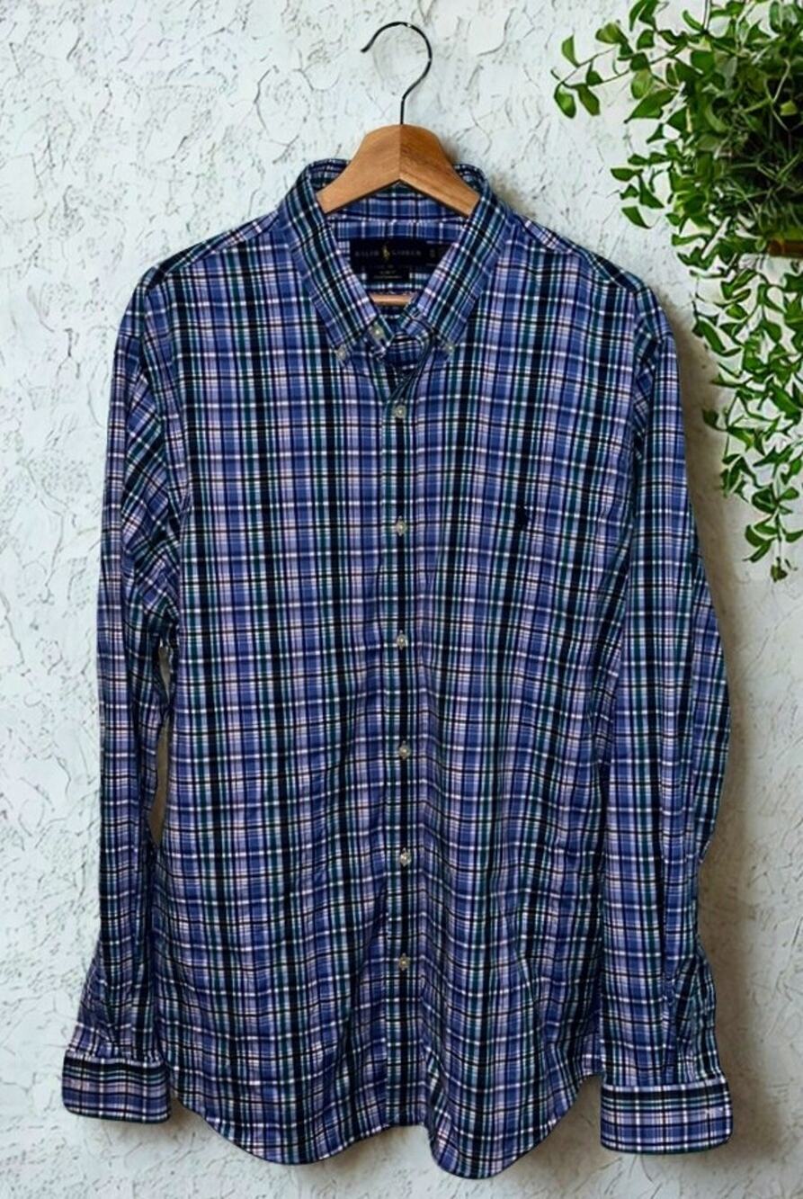 Polo Ralph Lauren Performance Shirt XL Slim Fit Blue Plaid Stretch Pony Logo